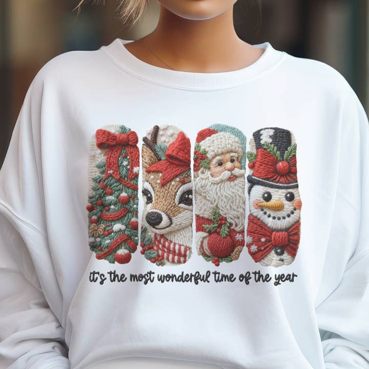 Par.tees by Party On! - Wholesale Graphic Sweatshirt - Women's - Christmas Vintage Santa Frosty Stitch Print Retro Sweatshirt