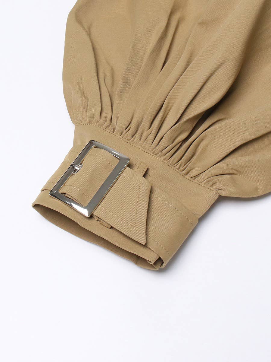 Khaki CT020 Women's Shoulder Ruffle Commuter Knee Length Coat for wholesale on Faire26