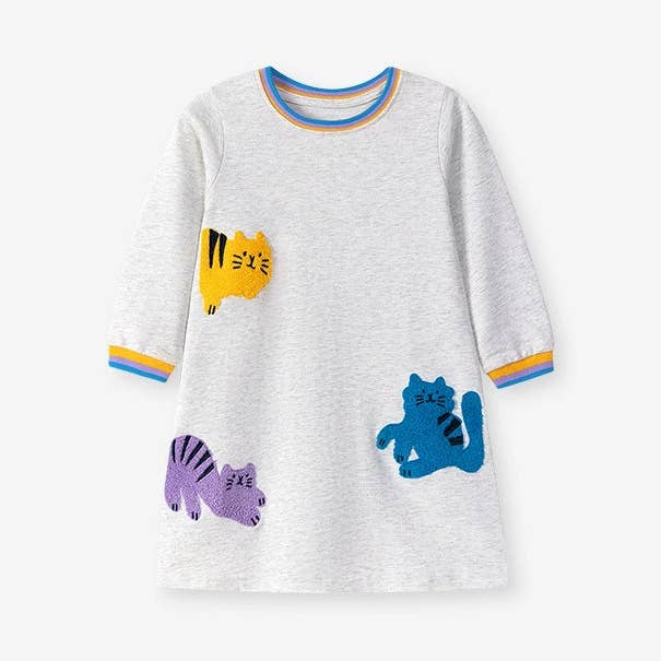 Autumn Arrival Cartoon Cats Pattern Long Sleeves Striped Crew Neck Dress for Stylish Girls for wholesale by MyKids-USA®