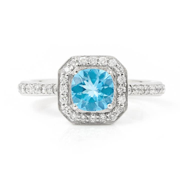 Silver Natural Blue Paraiba Apatite Cushion Halo Ring for wholesale by FCJ Jewelry LLC