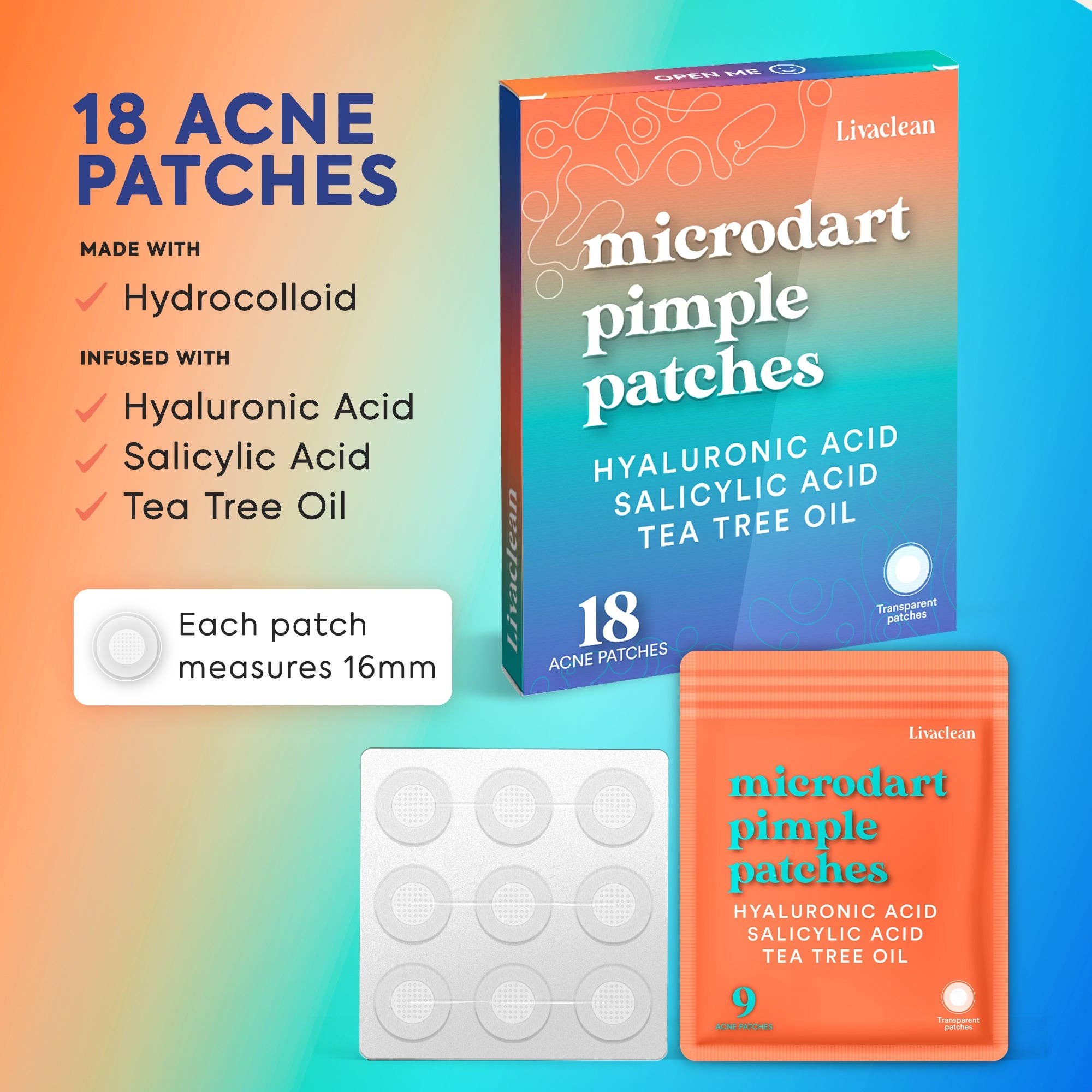 Livaclean - Vente Patch contre l'acné/hydrocolloïde - Patchs anti-boutons à micro-aiguilles 18 ct Patch hydrocolloïde Traitement des imperfections1