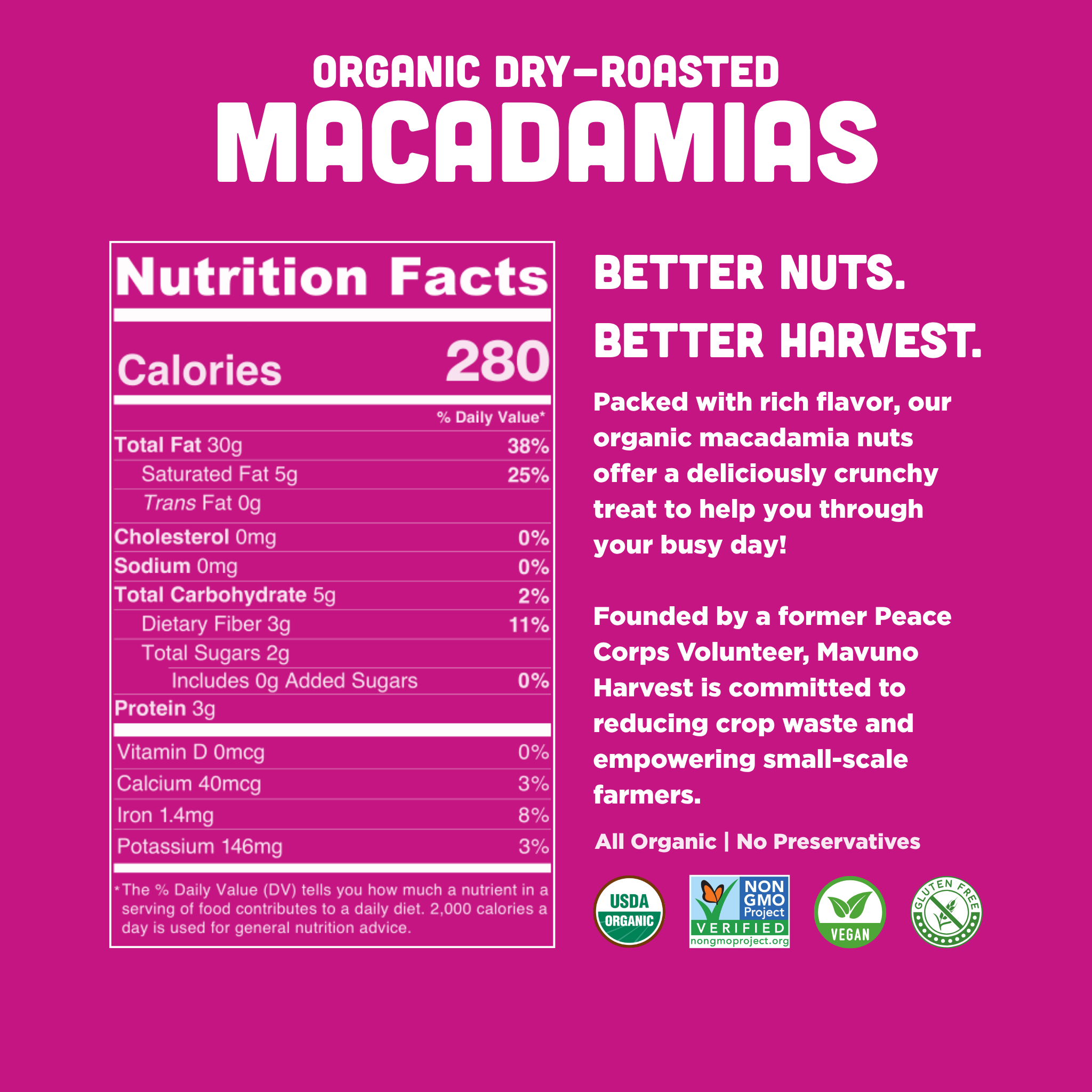 Mavuno Harvest Organics - Wholesale Nuts - Organic Dry Roasted Macadamias, 6-pack case2