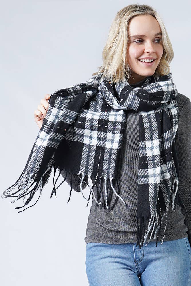 Hana - Vente Écharpe – femme - Écharpe à pampilles oblongues à carreaux3