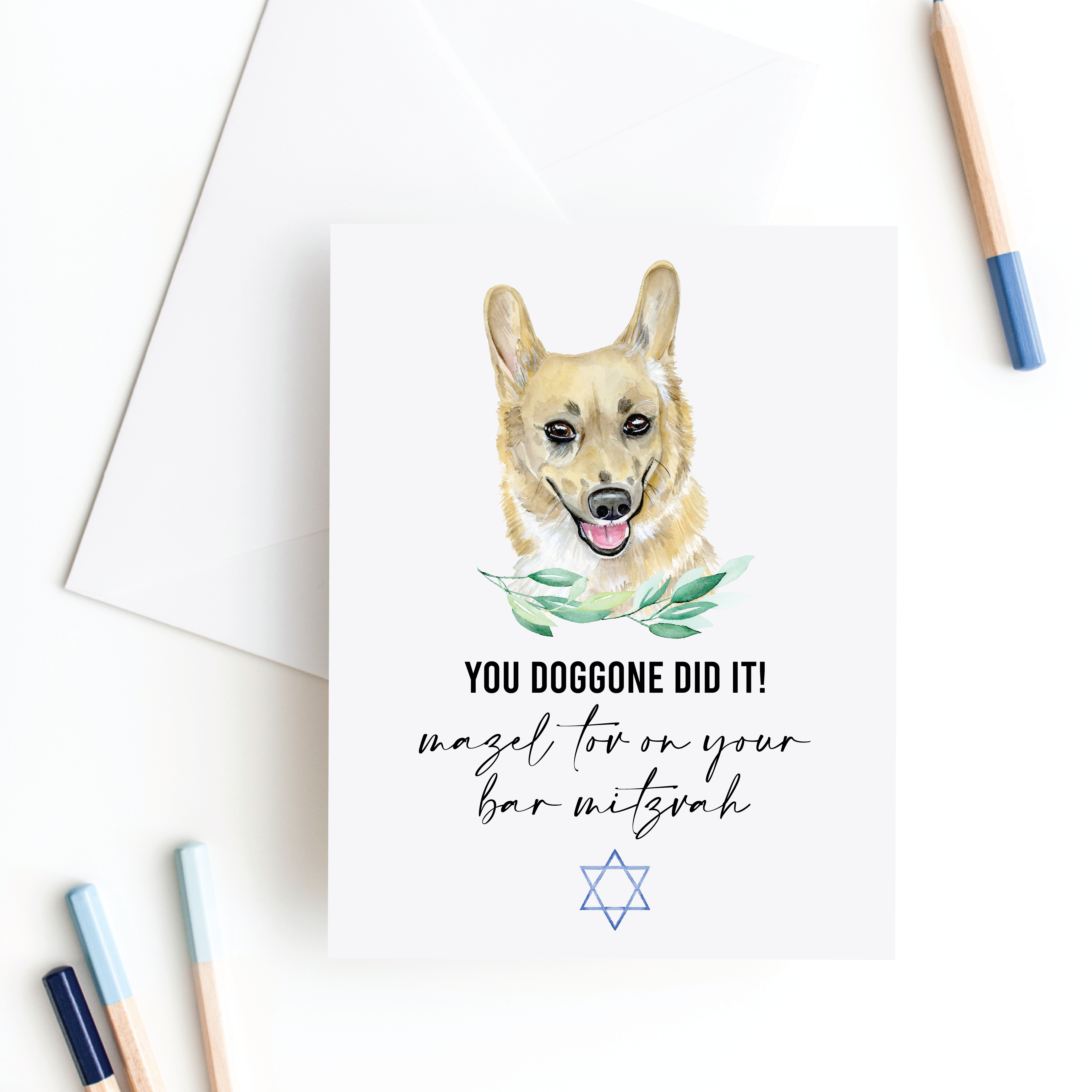 Slate + Brush Design Studio - Venta al por mayor Tarjetas de bar mitzvá o bat mitzvá - Tarjeta de bar y bat mitzvah de Corgi, tarjetas judías, mitzvá para perros2