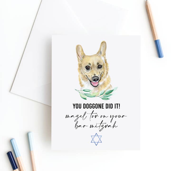 Slate + Brush Design Studio - Venta al por mayor Tarjetas de bar mitzvá o bat mitzvá - Tarjeta de bar y bat mitzvah de Corgi, tarjetas judías, mitzvá para perros2