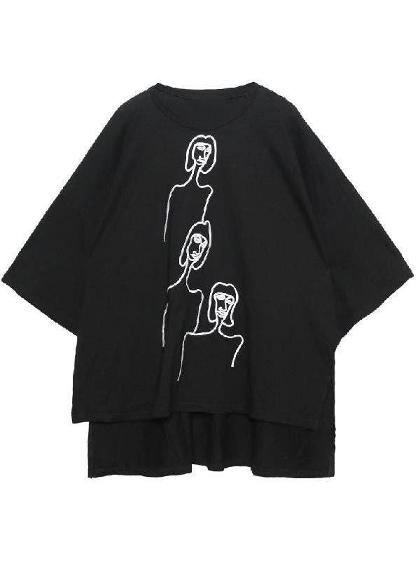 BLACK Embroidered Black&White Loose Round-Neck T-Shirt for wholesale on Faire8