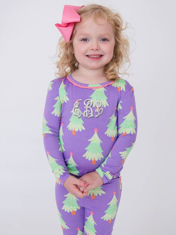 SoftSnooze™ Toddler Girls Bamboo Viscose Purple Twinkling Trees Ruffle Long Sleeve Pajama Set with Signature Rear Ruffles
 for wholesale on Faire4