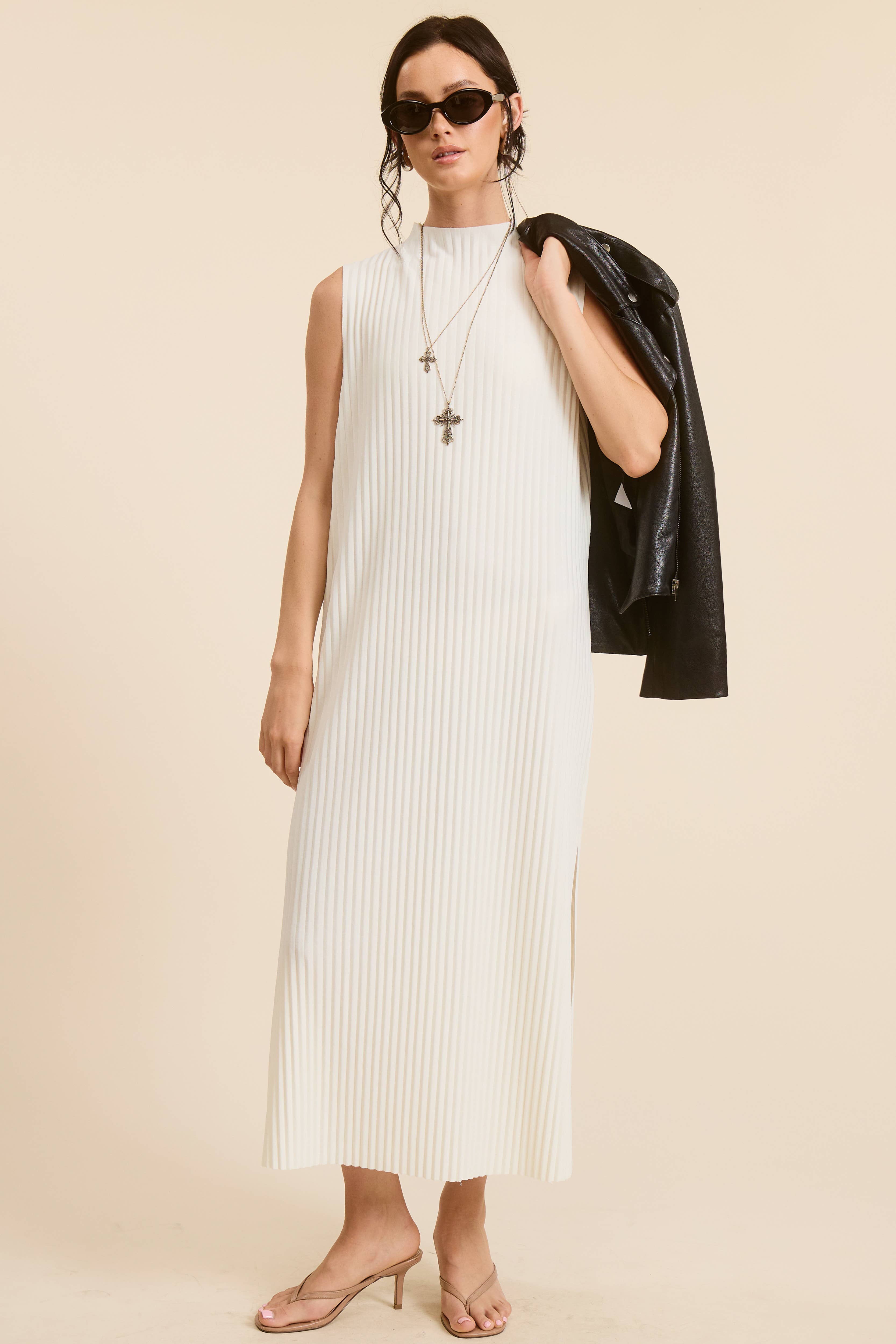 Mimosa - Wholesale Dress - Women's - Sleeveless Pleated Midi Dress with Side Slit12