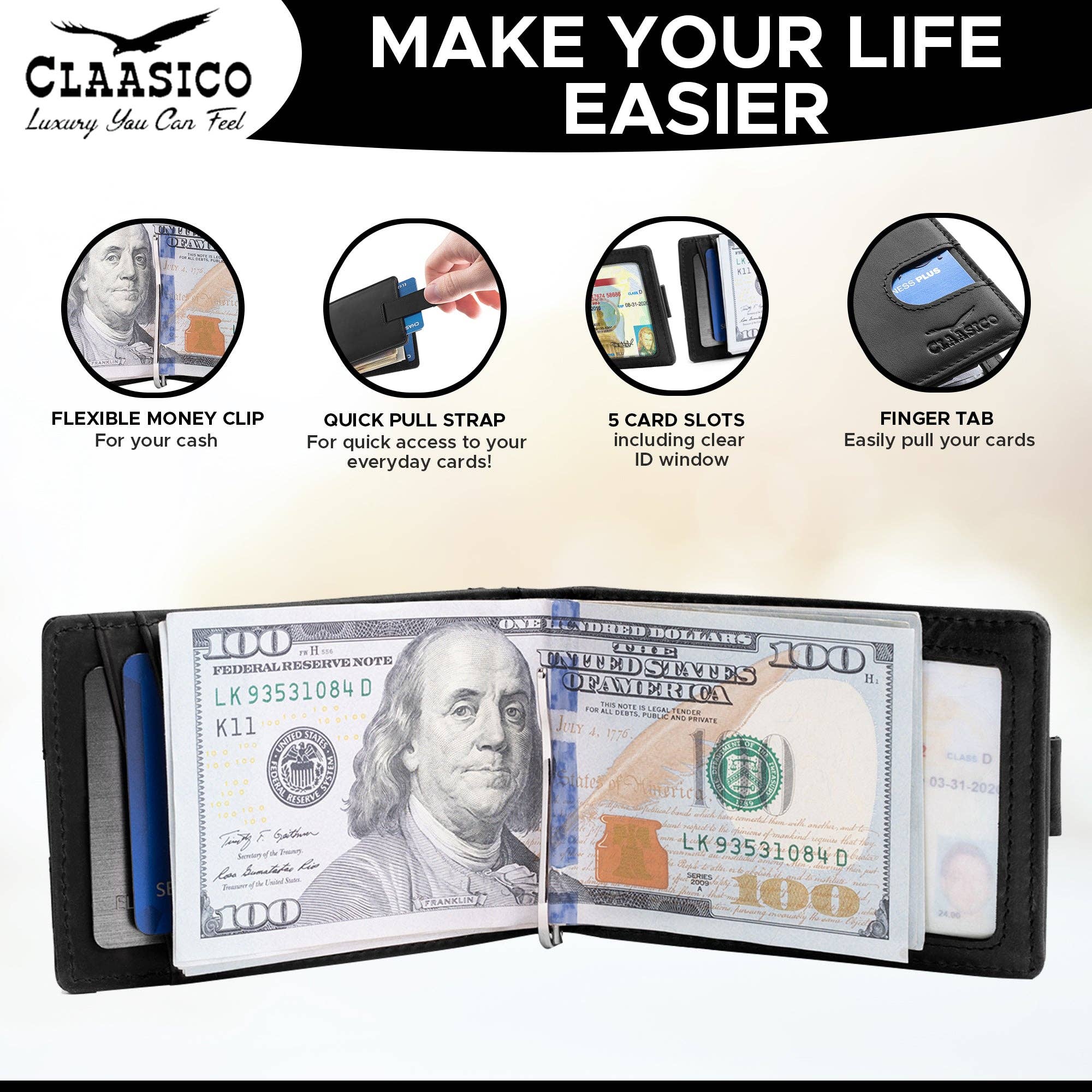 Claasico - Wholesale Wallet - Men's - Small bifold leather money clip wallet with pull strap4