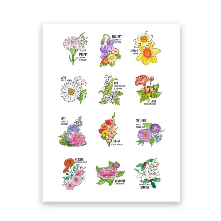 Birth Flower Print for wholesale by Jodi Lynn's Emporium of Doodles