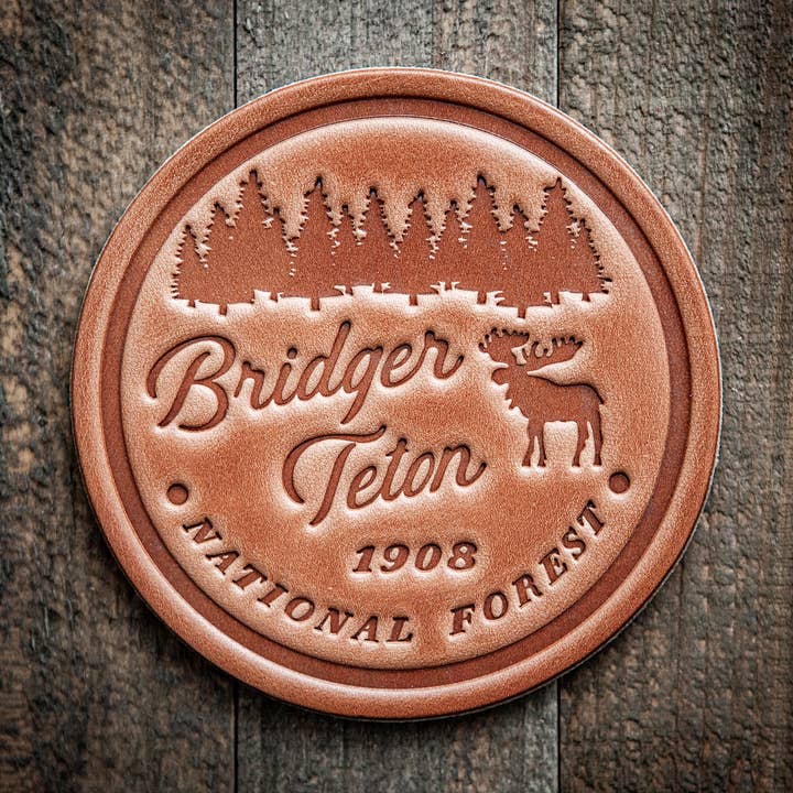 Bridger Teton National Park Leather Coaster for wholesale by Sugarhouse Leather