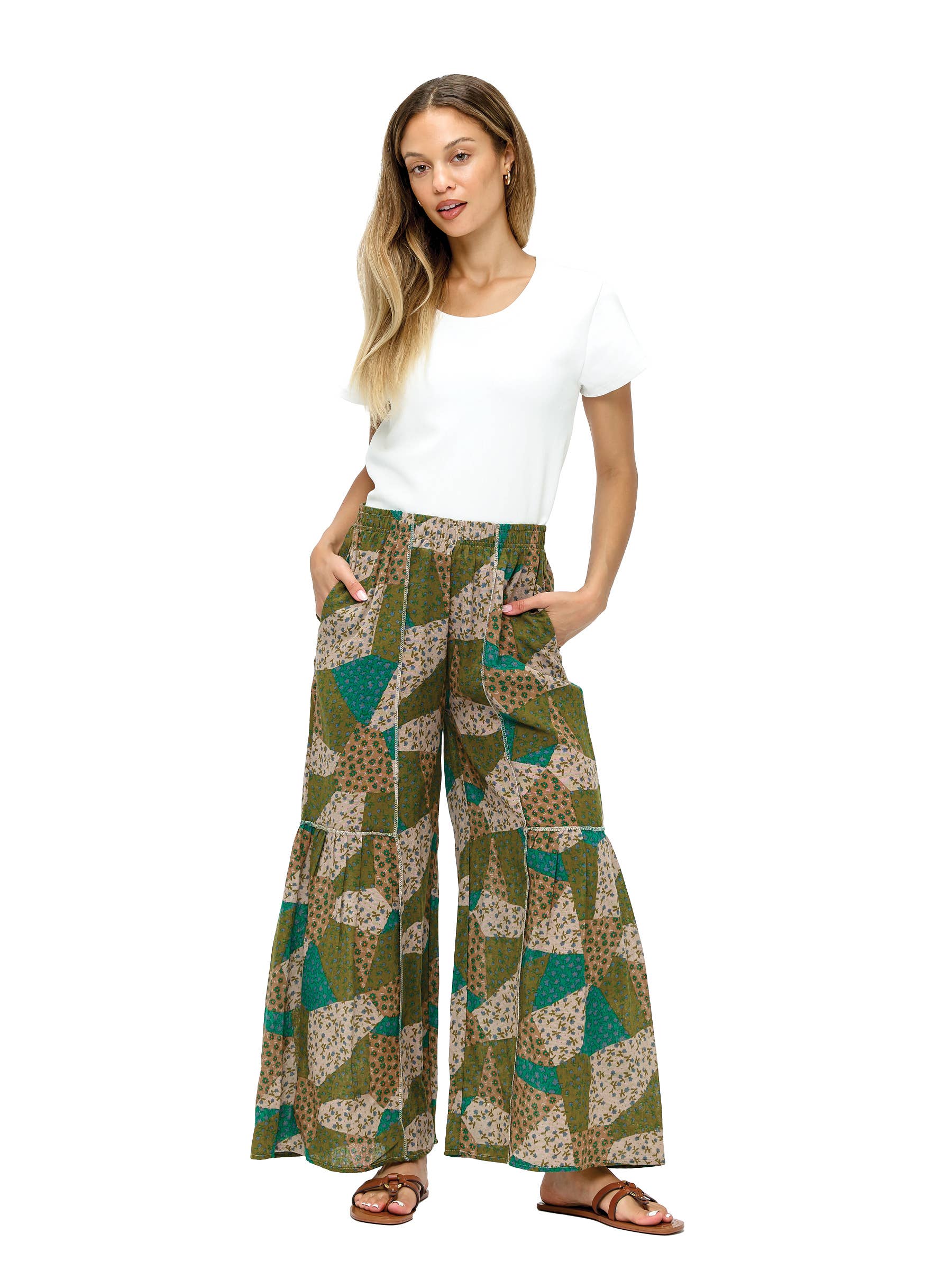 Yak & Yeti - Wholesale Pants - Women's - Palazzo Pants Boho Ruffled Floral Patchwork