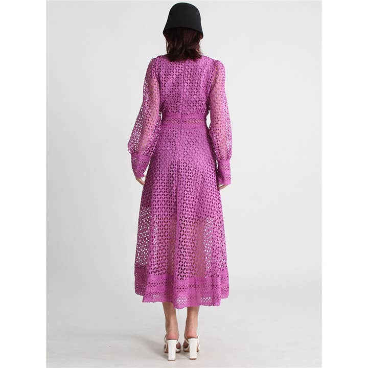 FurDecoration - Wholesale Dress - Women's - Hollow Embroidery Slim Long Sleeve Maxi Dress1