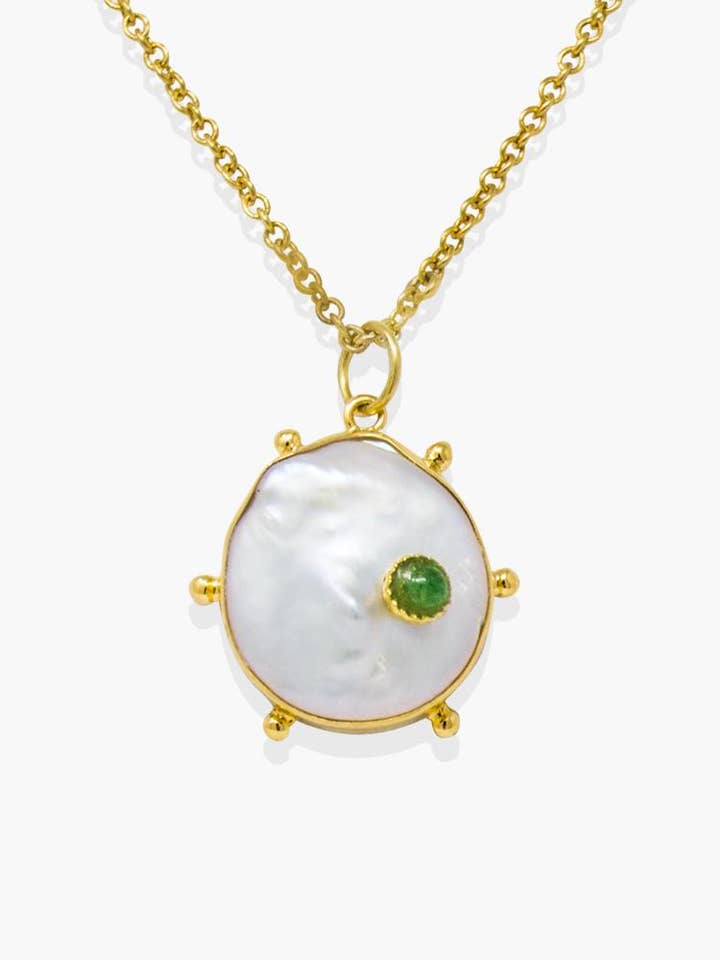 18K Gold plated Keshi Pearl Necklace with 0.25 cts Emerald for wholesale by Vintouch Jewels