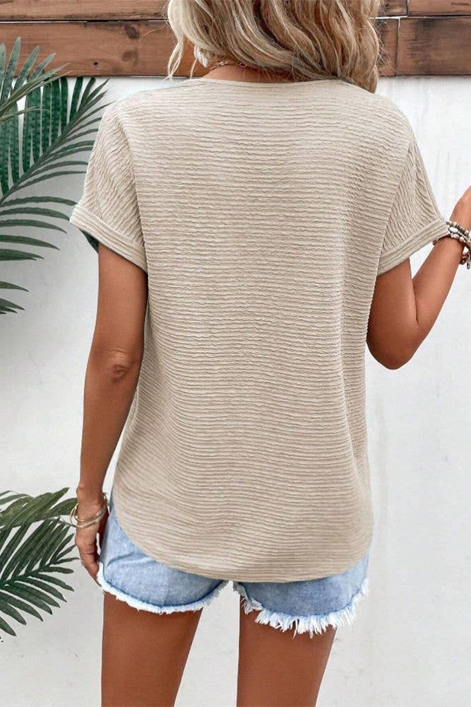 UNISHE - Venta al por mayor Jersey corto de punto - Mujer - Top de manga corta con cuello en V con textura lisa ZK15897