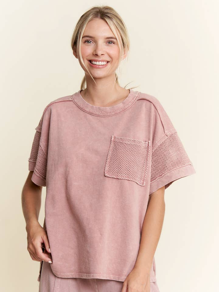 J.Her - Wholesale Blouse - Women's - MineralWash Mesh Pocket Sleeve top HT5649.