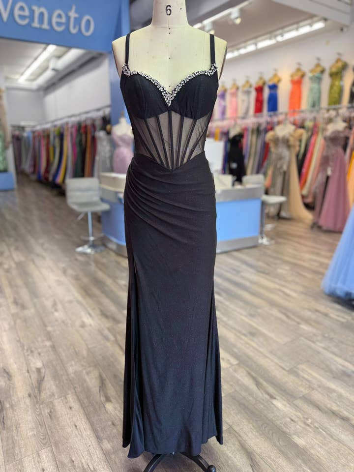 La Veneto - Wholesale Dress - Women's - Stretch glitter,sweetheart neckline, sheer embellished bodic3