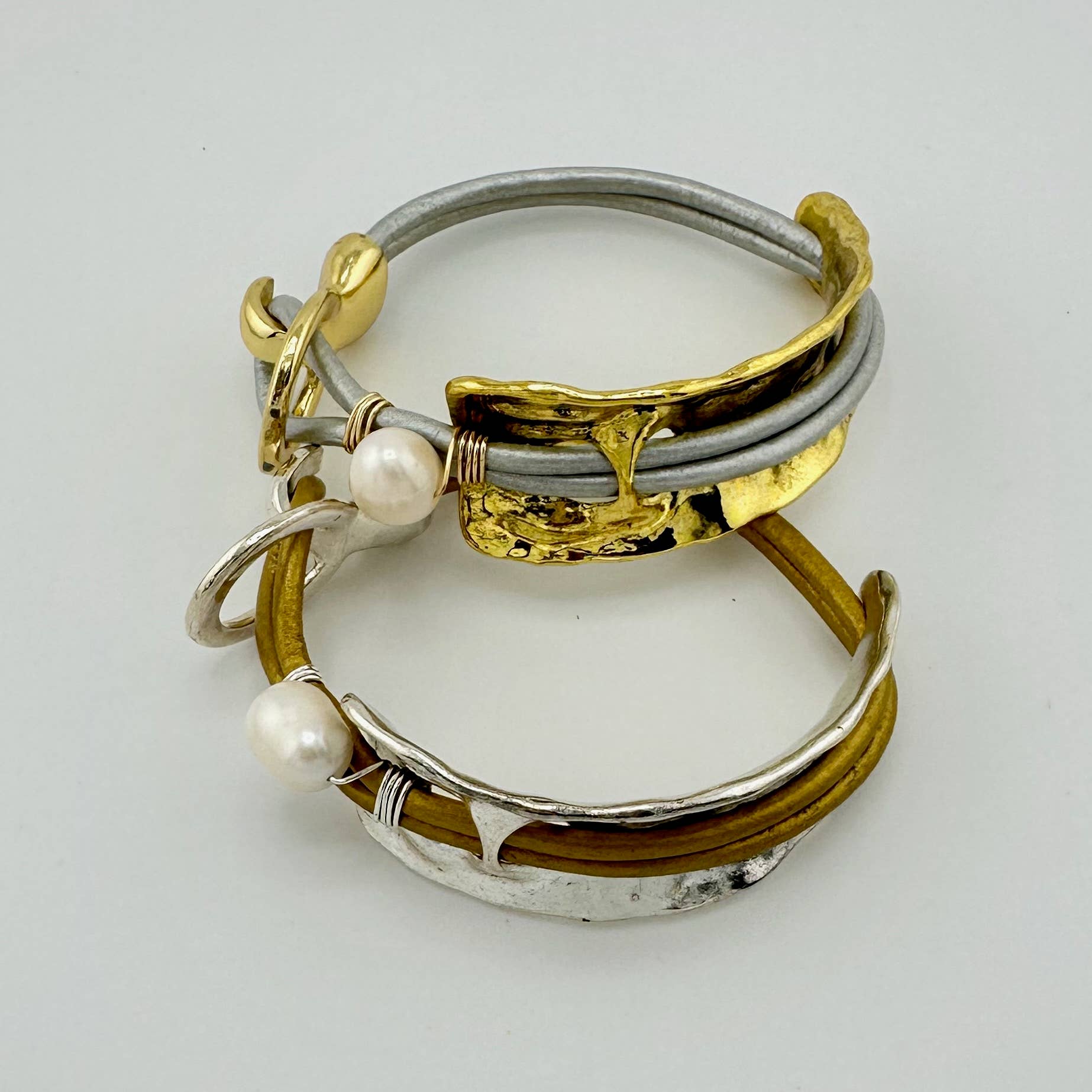 Beauty In Stone Jewelry - Wholesale Bangle Bracelet - Curved Cuff Bracelet With Leather & Pearl 1