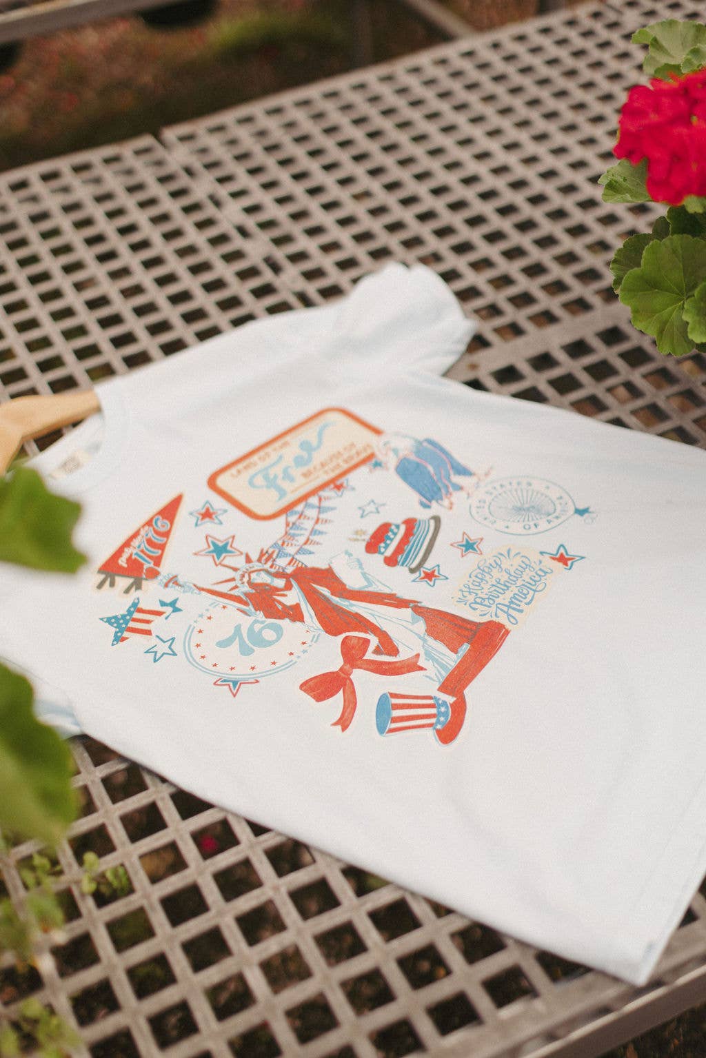 Whitney | Chaudoin Creations - Wholesale Screen Printed T-Shirt - Women's - USA STICKER PATCH TEE / 4th of July Graphic TEE1