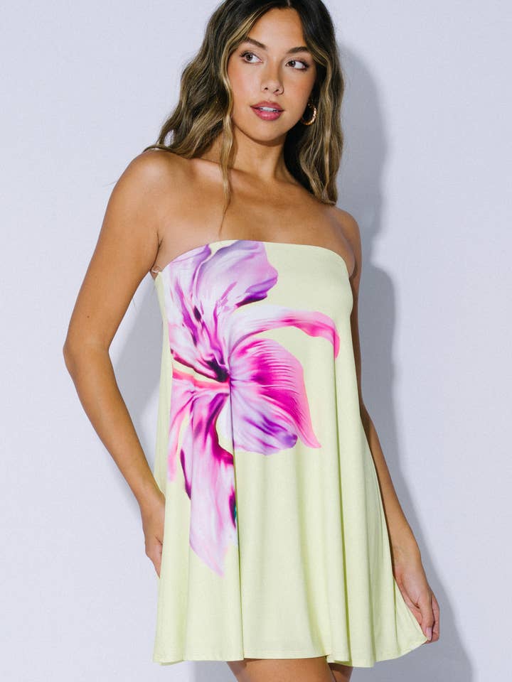 Flowy Strapless Flower Print Mini Dress for wholesale by Blue Blush