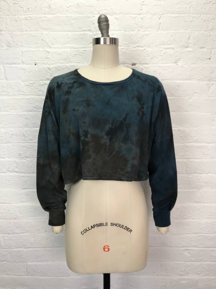 Daphne Cropped Poet Sleeve Top in Salted Steel for wholesale by Cloud Candy Clothing