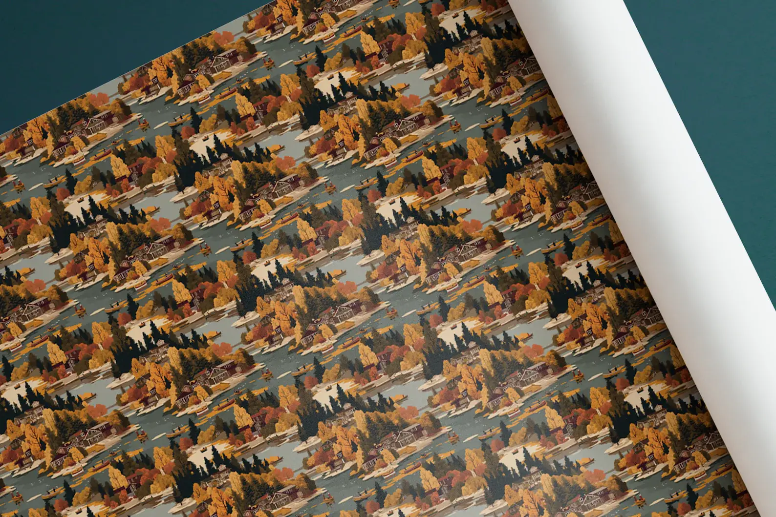 Olivias Paper - Wholesale Flat Wrap - Autumn Lake House Vintage Style Wrapping Paper Gift Wrap2