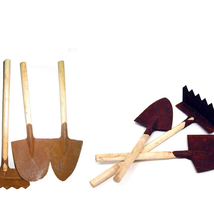 Tin Garden Tools with Wooden Sticks, Set of 3 - 5" Long for wholesale by Birch Maison