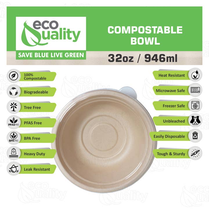 EcoQuality - Wholesale Disposable Plate - 32oz Compostable Heavy Duty Disposable Bowls with Lids, Eco1