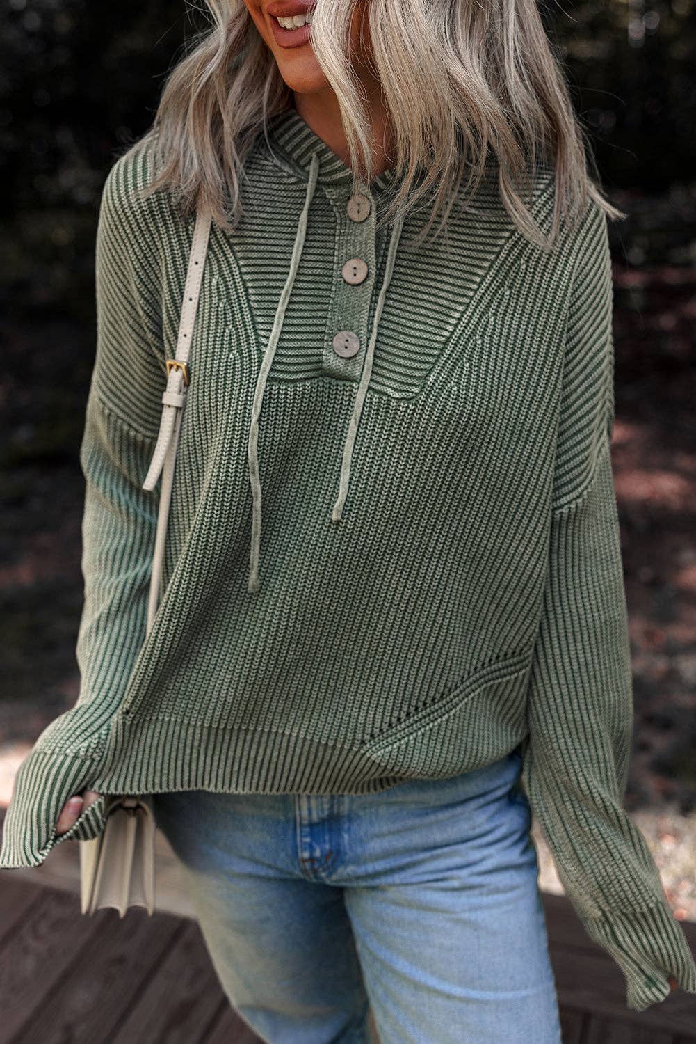 Mist Green Mineral Wash Ribbed Knit Button Drawstring Neck Hooded Sweater for wholesale on Faire