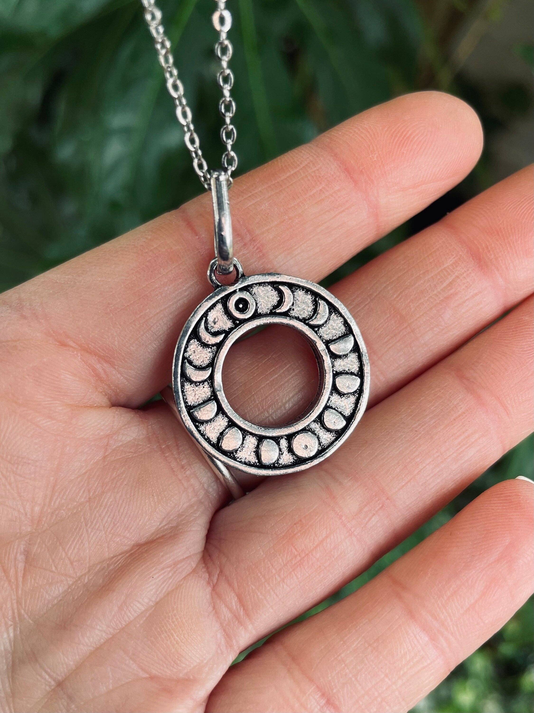 Kaali Boutique - Wholesale Pendant/Charm Necklace - Lunar Calendar Necklace / Moon Phases / Hypoallergenic / Silver / Yoga / Reiki / Boho / Hippie / Rustic / Ethnic / Crystals / Third Eye /1