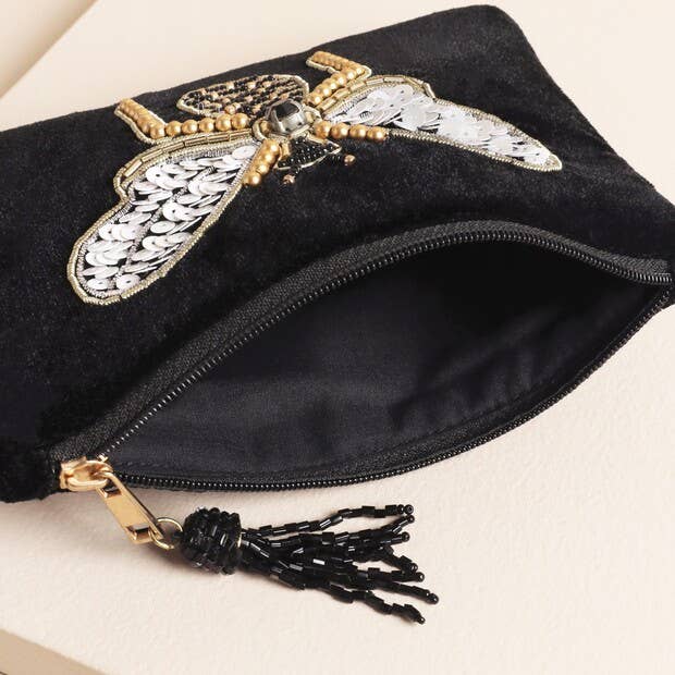 Lisa Angel – wholesale Coin purse – Women’s – Black Velvet Bee Embroidered Pouch1