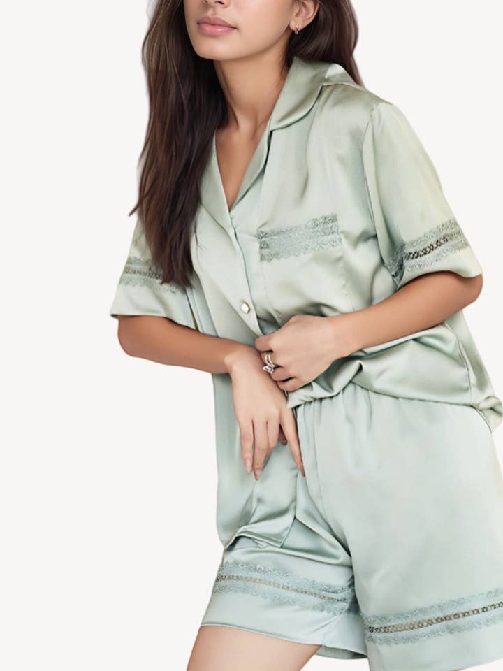 Satin Pajama Set with Lace Trim Short Sleeve Button Top and Elastic Waist Shorts for wholesale by Anna Kaci Wholesale