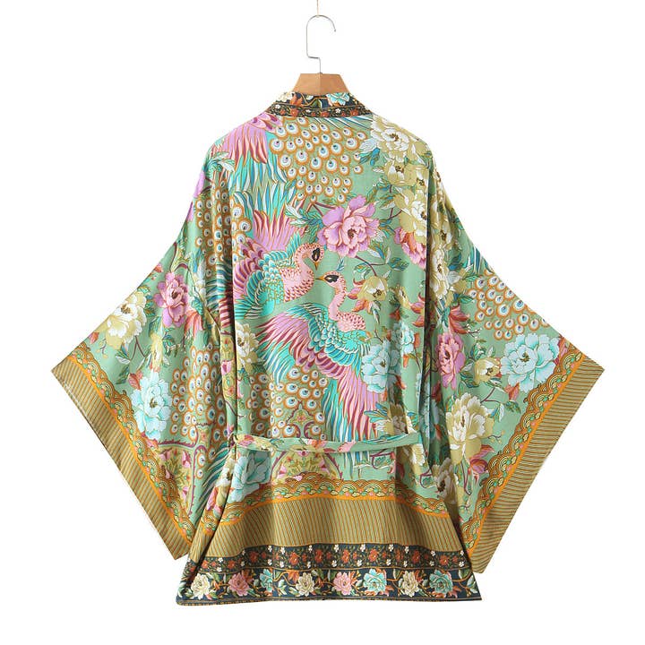 Rosa Clothing - Vente Kimono – femme - Kimono à nouer à la taille avec imprimé paon de plage bohème vibrant6