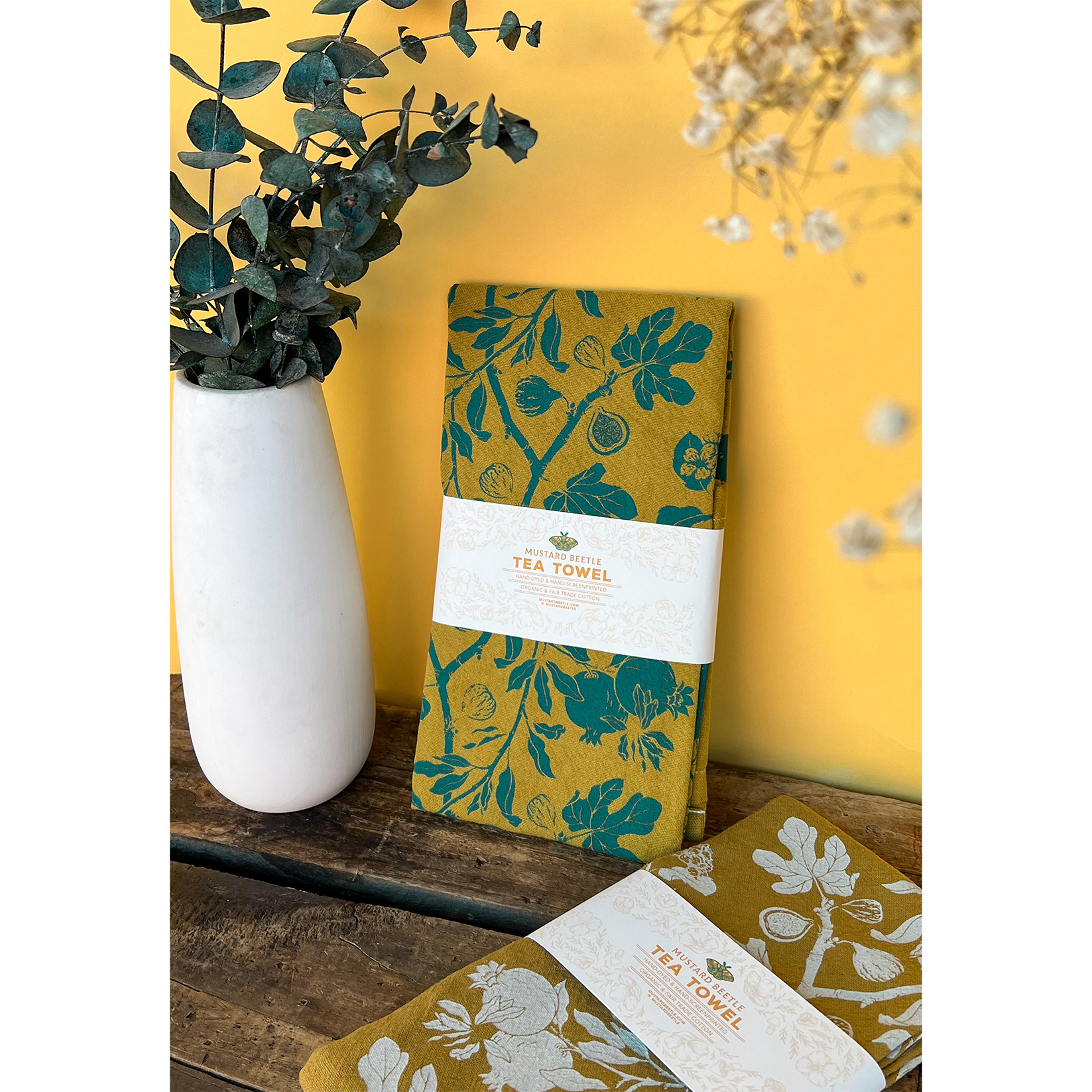 Mustard Beetle - Wholesale Tea Towel - Hand Dyed + Screenprinted Organic Cotton Tea Towel: Figs6