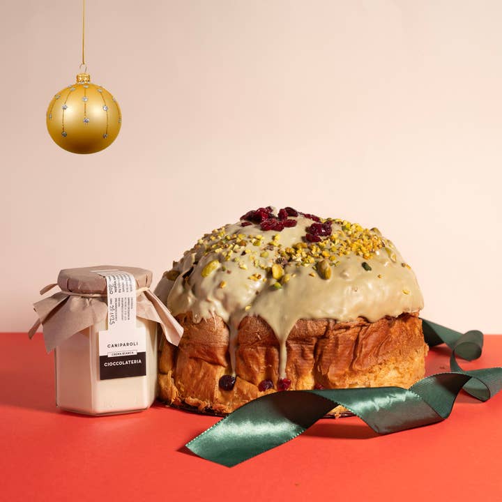 Panettone artesanal de pistáchio + creme de chocolate branco por atacado de Caniparoli Cioccolateria