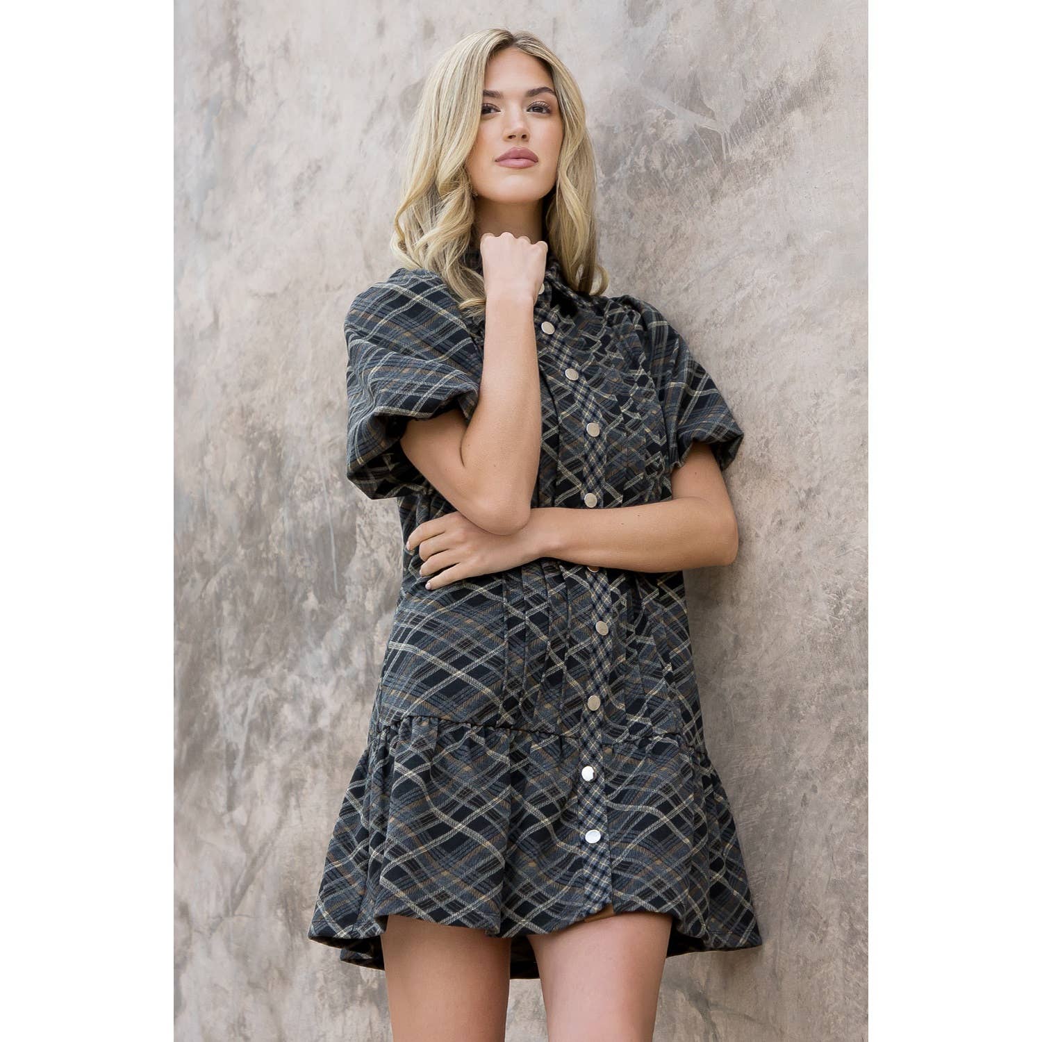 BLACK Puff Sleeve Plaid Suede Dress for wholesale on Faire4