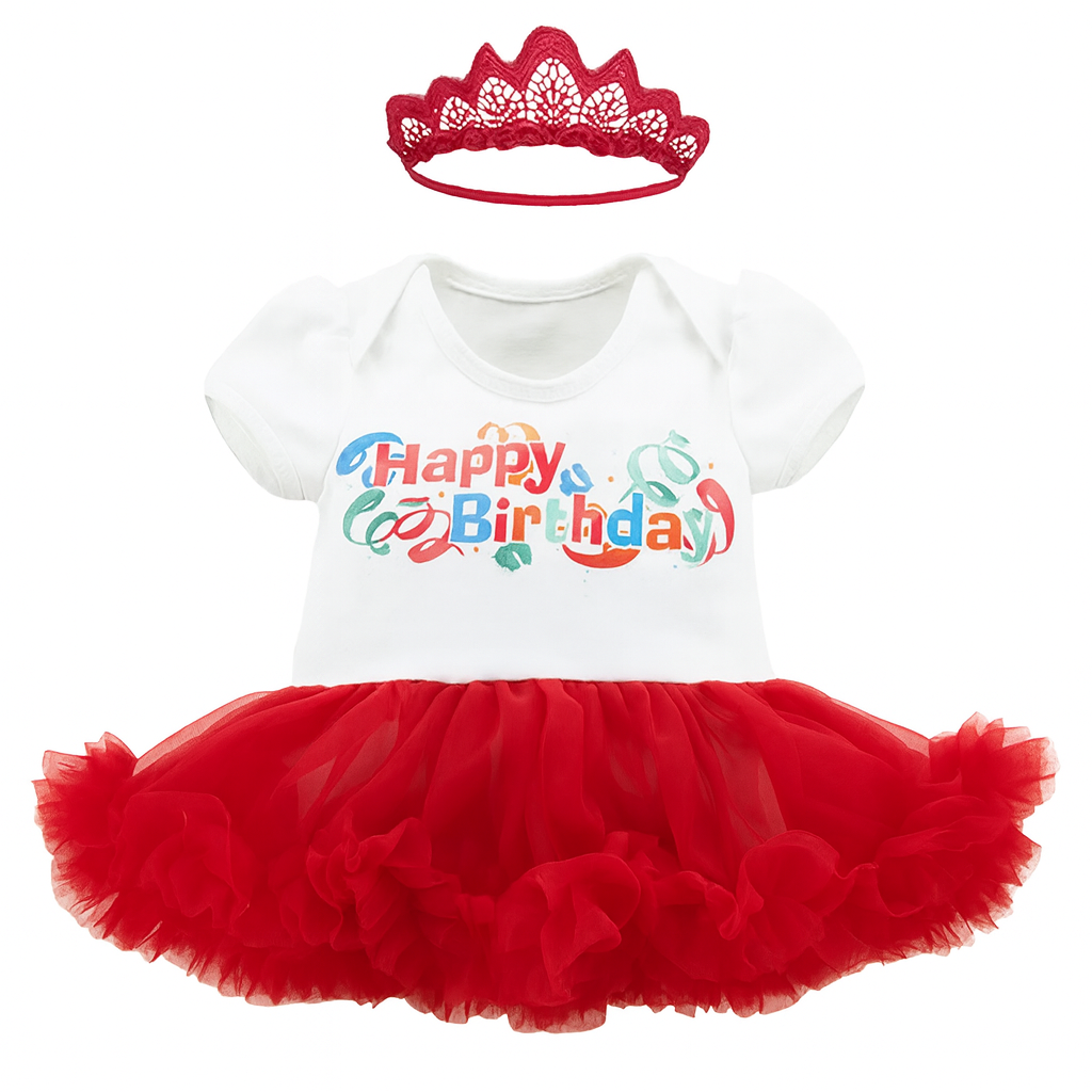 Fennco Styles – wholesale Clothing set – Baby – White-Red Happy Birthday Romper Tutu Dress & Headband  0