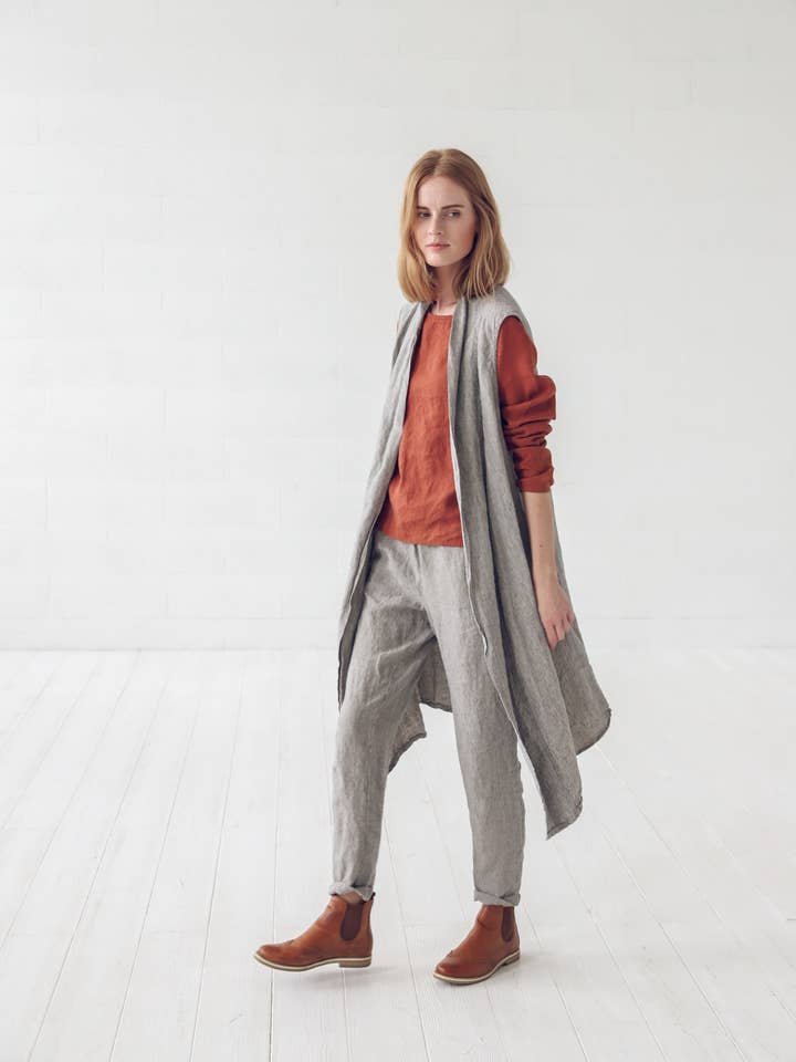 Colete longo de linho sem mangas por atacado de Epic Linen