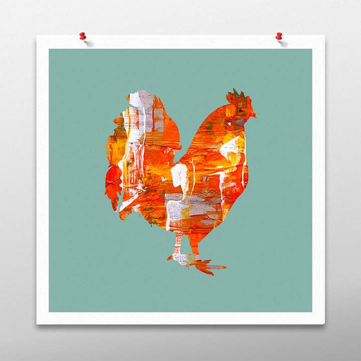 Œuvre d'art en forme de poulet, décoration murale verte, sans cadre pour la vente par Studio byAbi