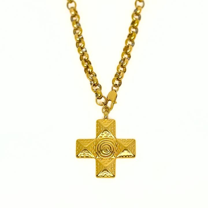 Gold Large Block Cross Pendant Necklace for wholesale by Kiss Me Kate Jewelry