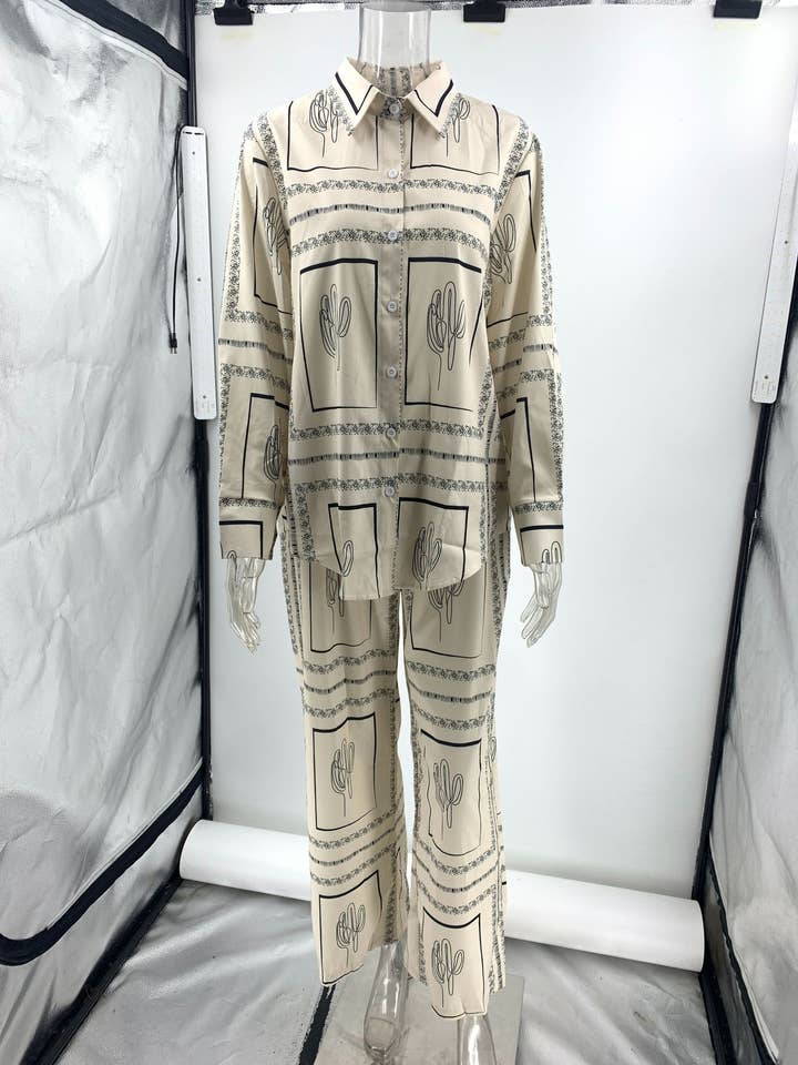 Printed Button Up Shirt And Pants 2pcs Set-Slim Style Pants for wholesale on Faire