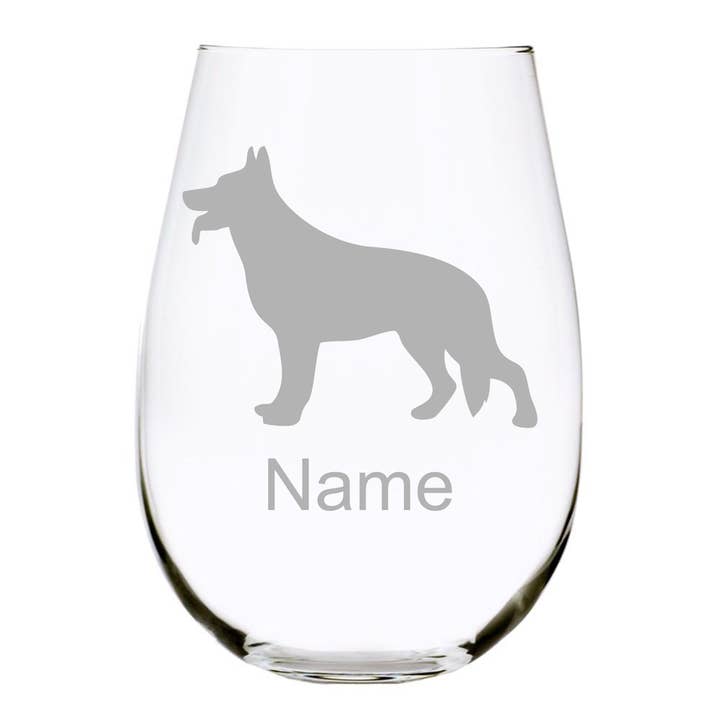 Verre à vin sans pied German Shepherd, à personnaliser avec le nom du chien, 6 silhouettes parmi lesquelles choisir, 17 oz, cristal sans plomb pour la vente par C&M Personal Gifts