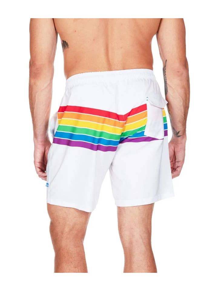 Tipsy Elves - Wholesale Swim Shorts - Men's - White Rainbow Stretch Swim Trunks - Men's Pride Bathing Suit