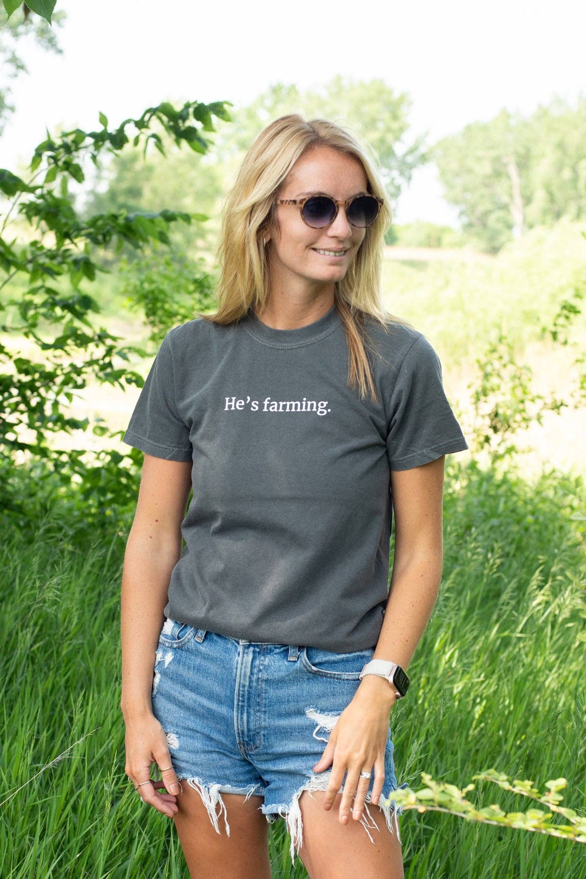 American Farm Company - Wholesale Screen Printed T-Shirt - Women's - Western 'He's Farming.' Charcoal Graphic Comfort Colors Tee2