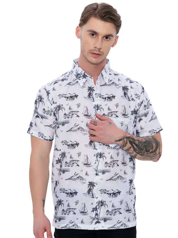 HAPPY BAY Linen Effect Mens Shirts Black Palm Tree P00400 for wholesale by LA LEELA \ HAPPY BAY