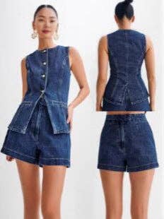 Un conjunto Conjunto de dos piezas de moda casual para mujer: chaleco sin mangas y pantalones cortos de mezclilla. de venta al por mayor en Faire5