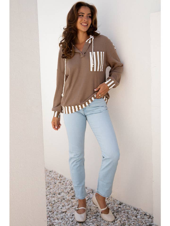 Straw Yellow Stripe Patchwork Waffle Knit Buttoned Hoodie for wholesale on Faire4