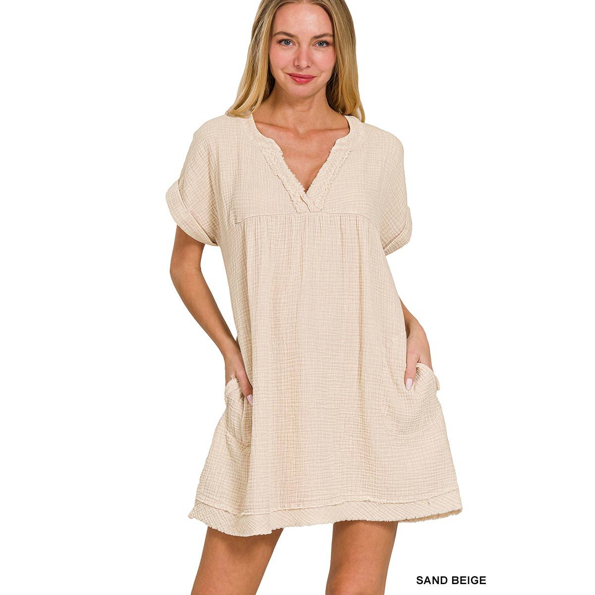 Apolline – Großhandel Kleid – Damen – GEWASCHENES KLEID MIT V-AUSSCHNITT AUS DOPPELTER GAZE MIT OFFENEN KANTEN13