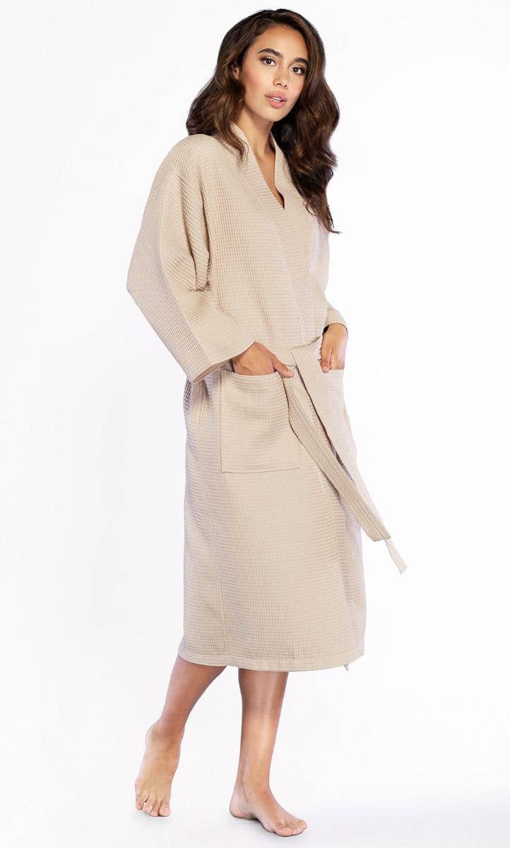 Taupe Kimono unisexe gaufré LM Brands, peignoir long taupe à motif carré LM7023-Taupe en vente sur Faire3