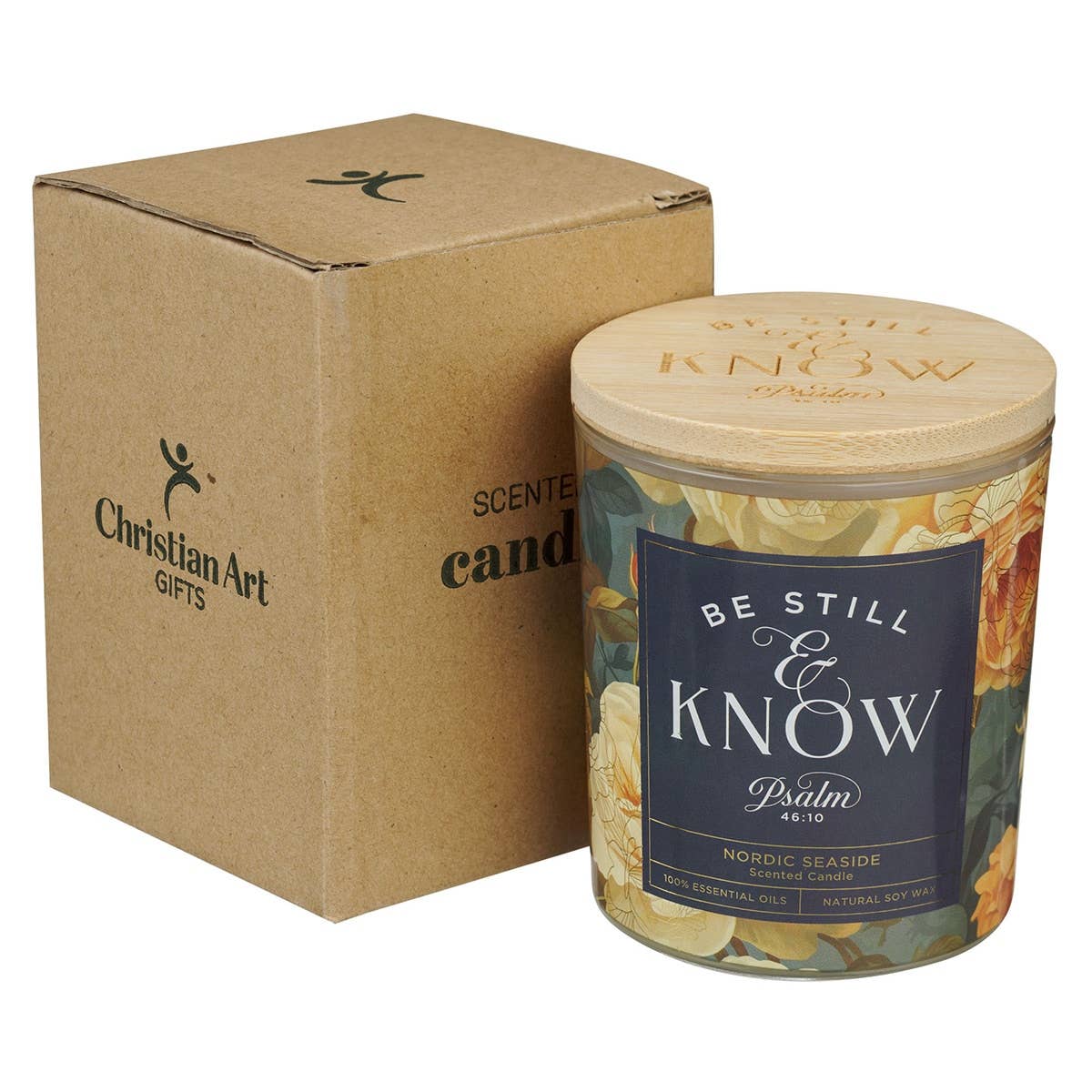 Christian Art Gifts - Wholesale Jar/Filled Candle - Glass Candle w/Bamboo Lid Floral Be Still Ps. 46:103
